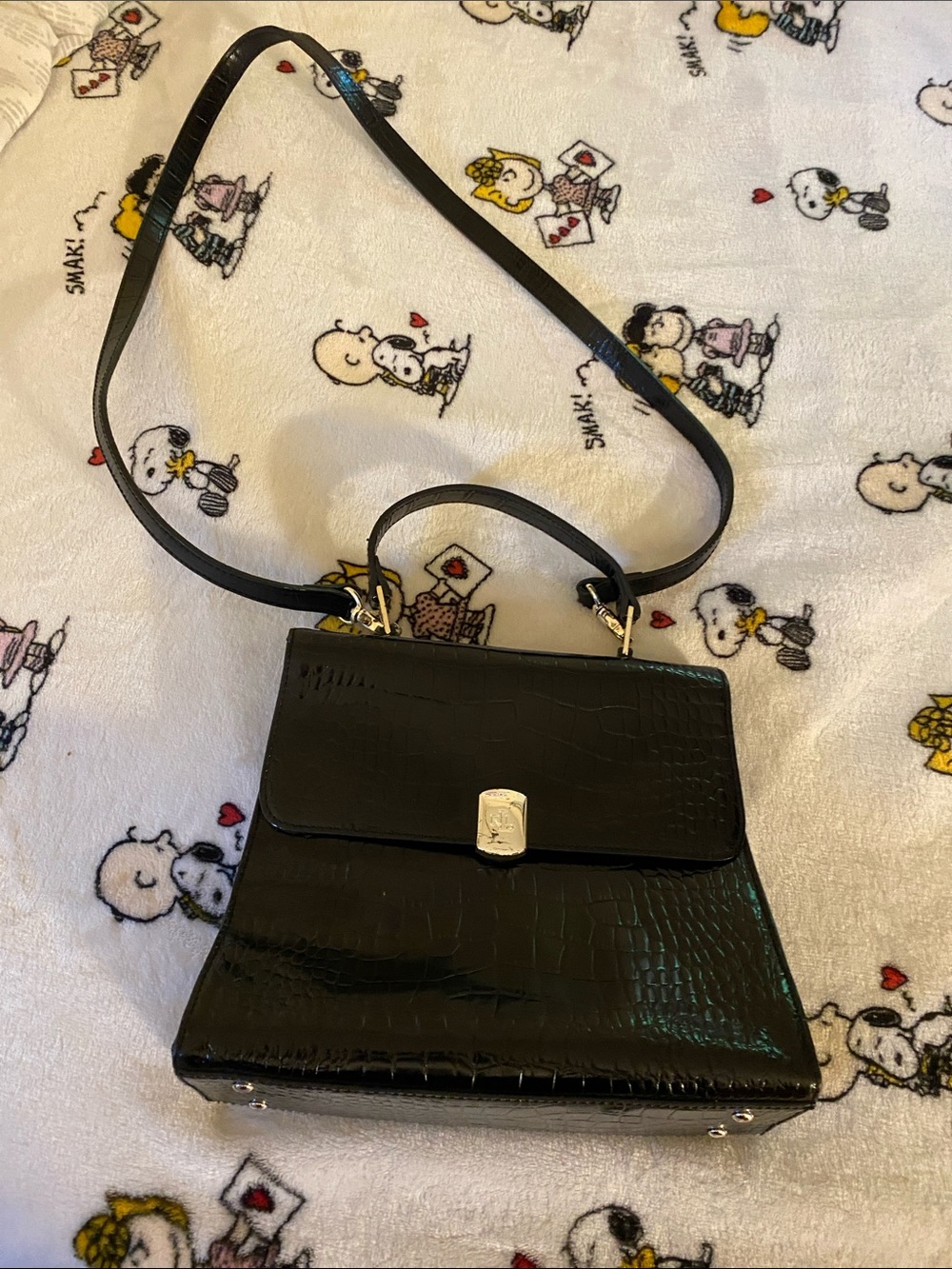 Ralph Lauren Black Croc-Embossed Top Handle Satchel